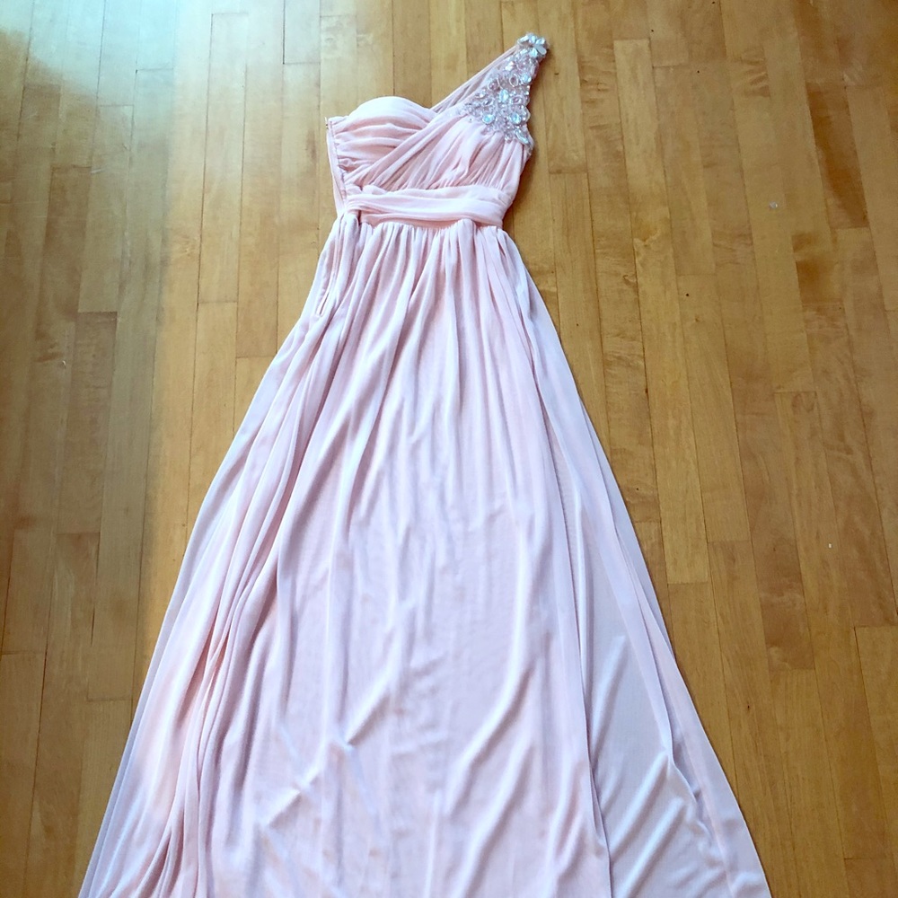 Blush one shoulder prom dress